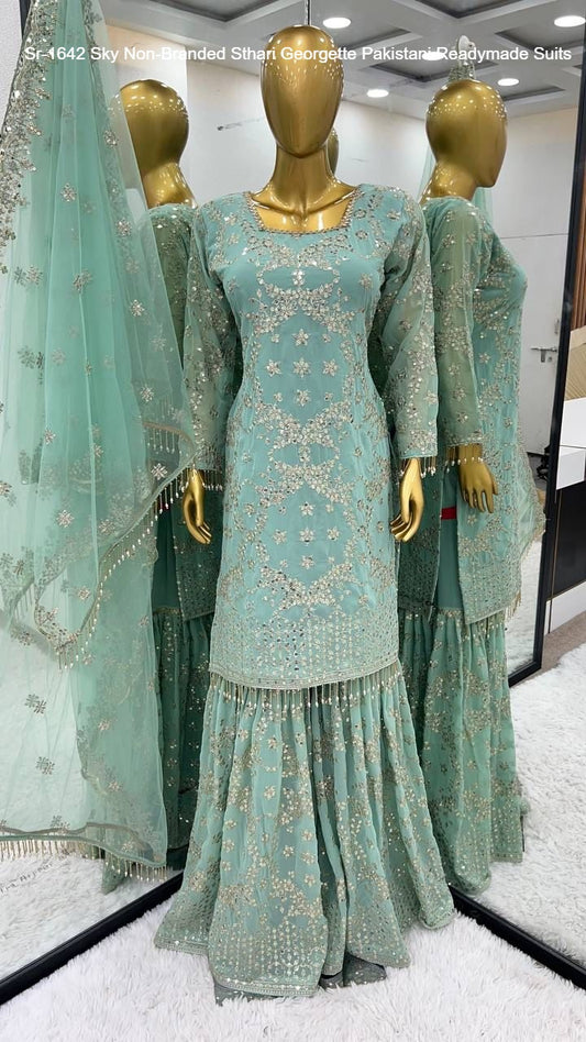 Sr-1642 Sky Non-Branded Sthari Georgette Pakistani Readymade Suits