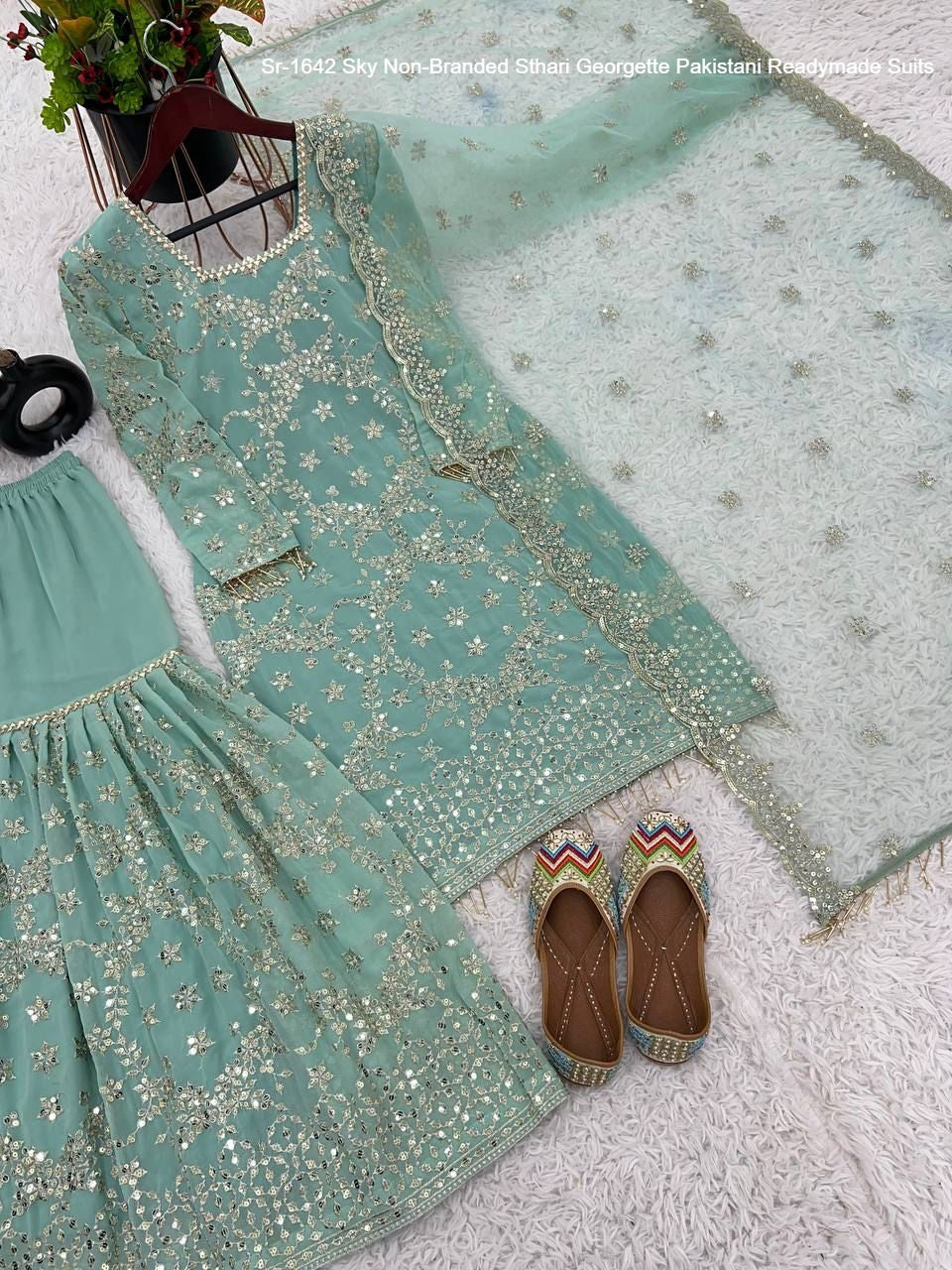 Sr-1642 Sky Non-Branded Sthari Georgette Pakistani Readymade Suits