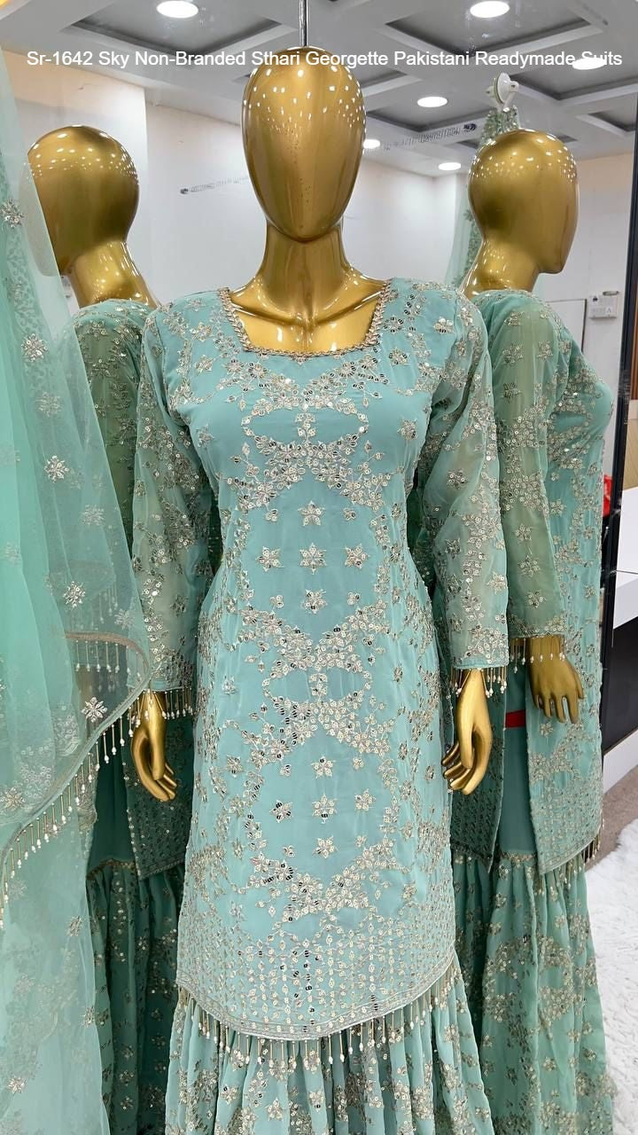 Sr-1642 Sky Non-Branded Sthari Georgette Pakistani Readymade Suits