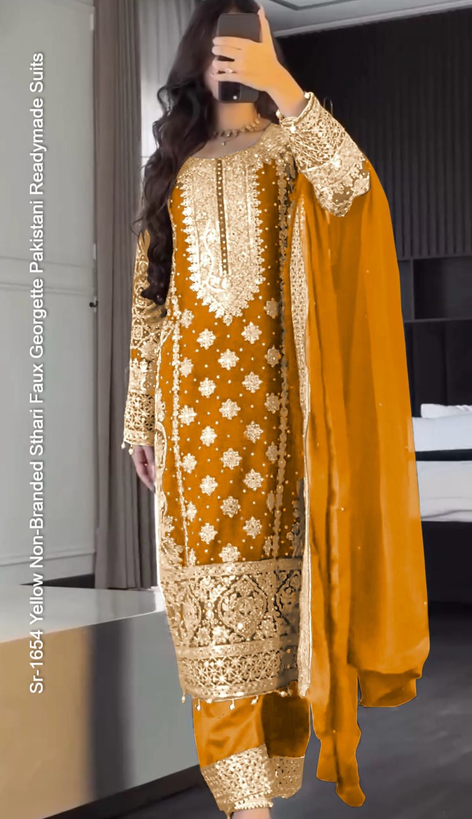 Sr-1654 Yellow Non-Branded Sthari Faux Georgette Pakistani Readymade Suits