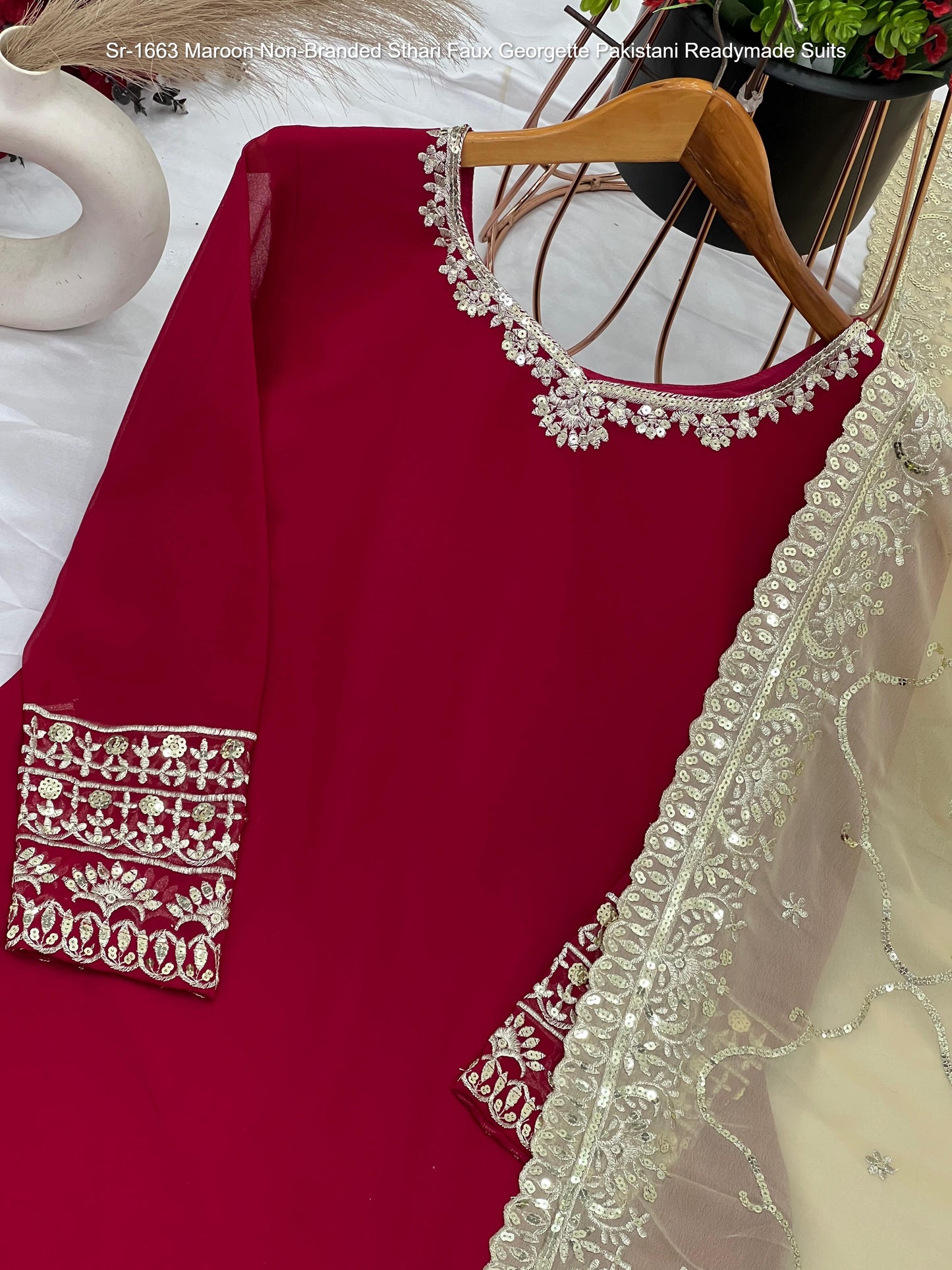 Sr-1663 Maroon Non-Branded Sthari Faux Georgette Pakistani Readymade Suits