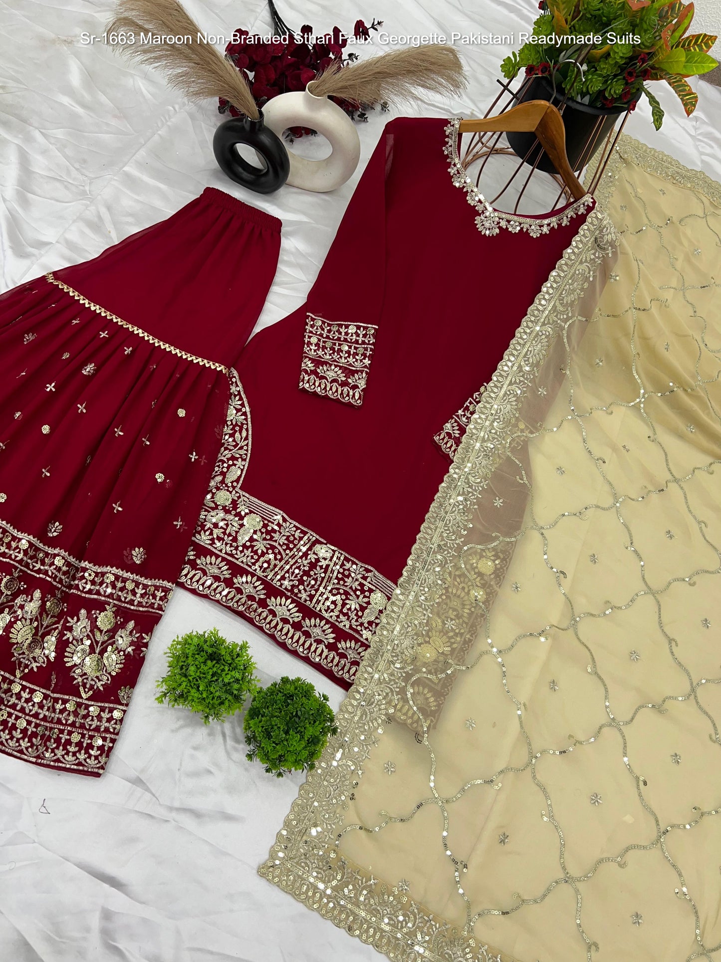 Sr-1663 Maroon Non-Branded Sthari Faux Georgette Pakistani Readymade Suits