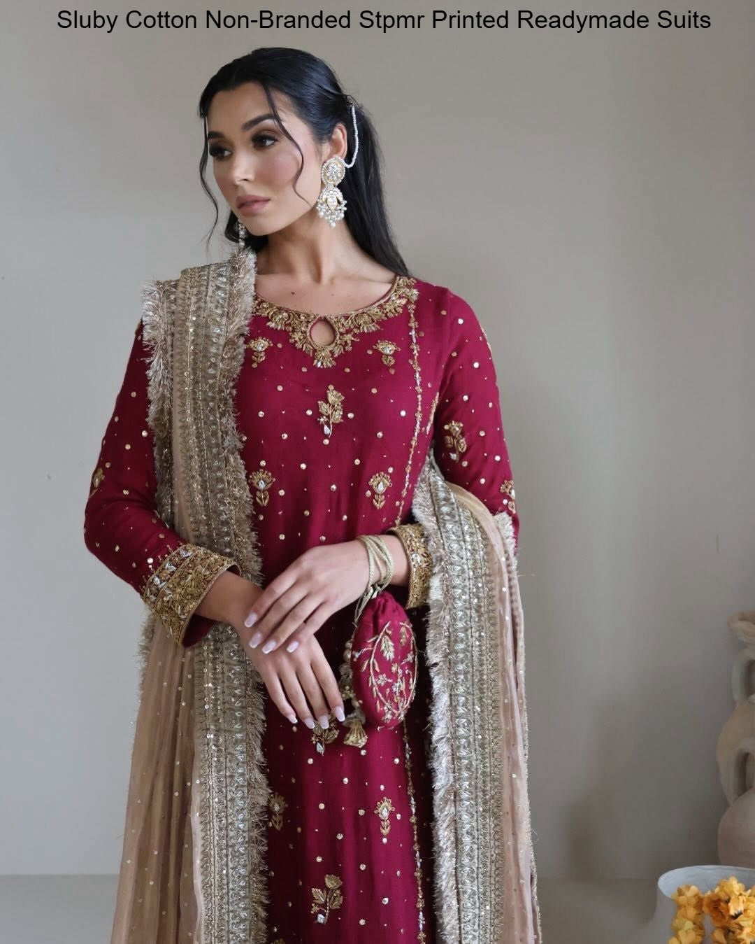 Sr-1665 Red Non-Branded Sthari Embroidery Pakistani Readymade Suits