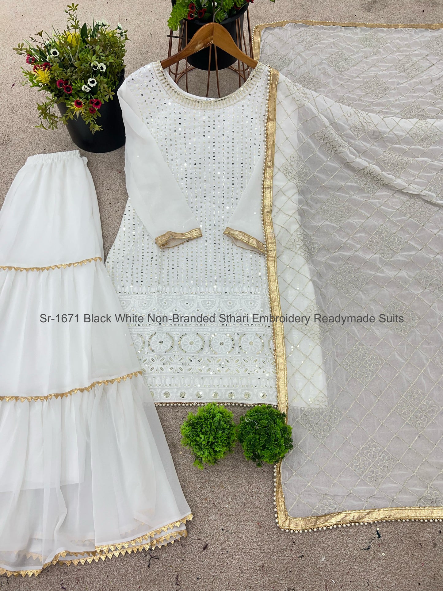 Sr-1671 Black White Non-Branded Sthari Embroidery Readymade Suits