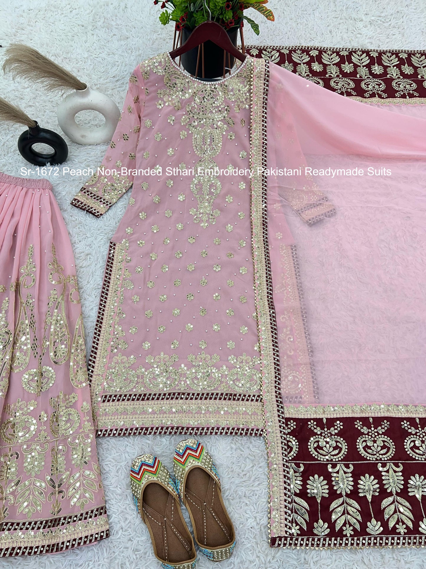 Sr-1672 Peach Non-Branded Sthari Embroidery Pakistani Readymade Suits