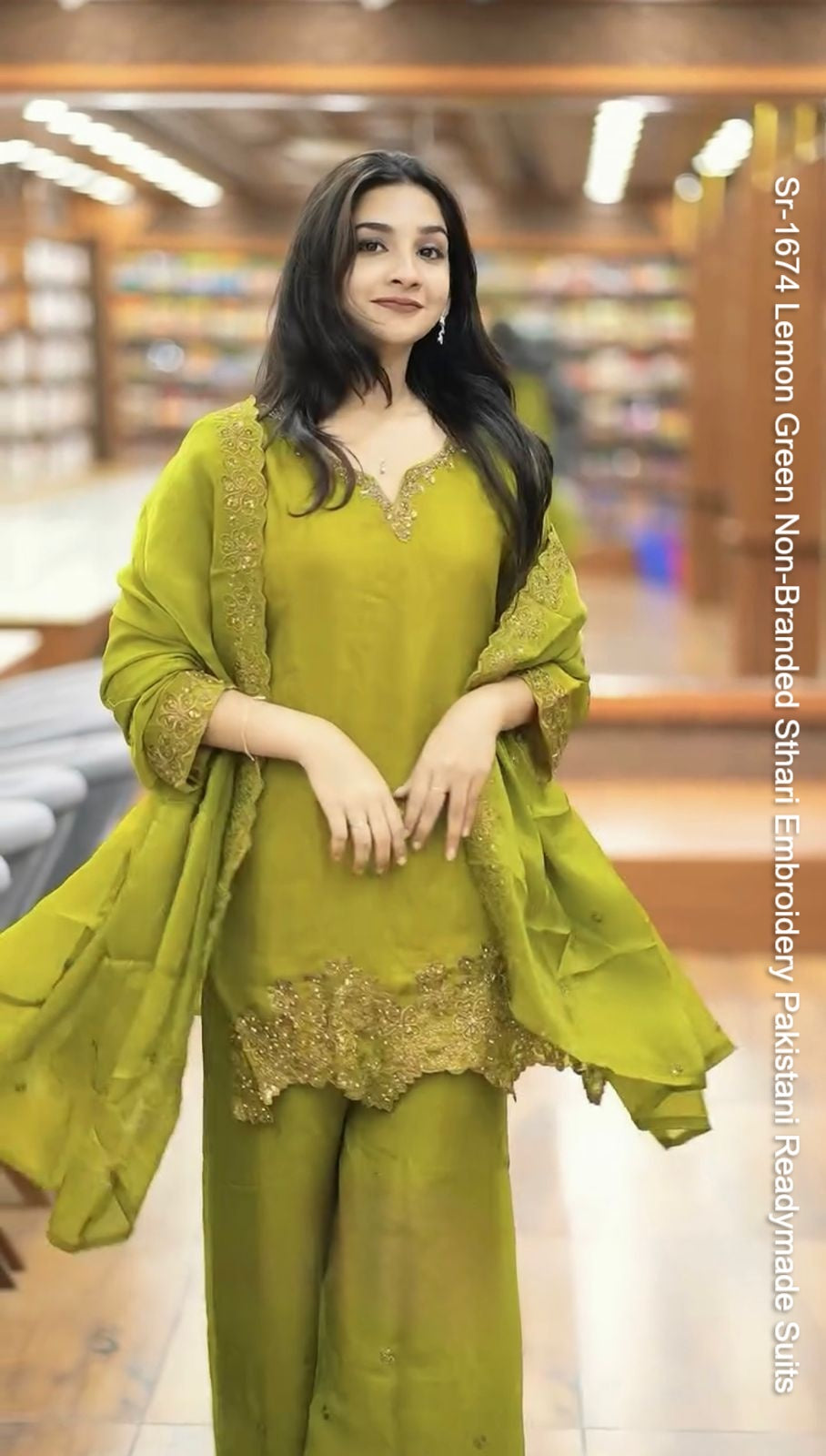 Sr-1674 Lemon Green Non-Branded Sthari Embroidery Pakistani Readymade Suits