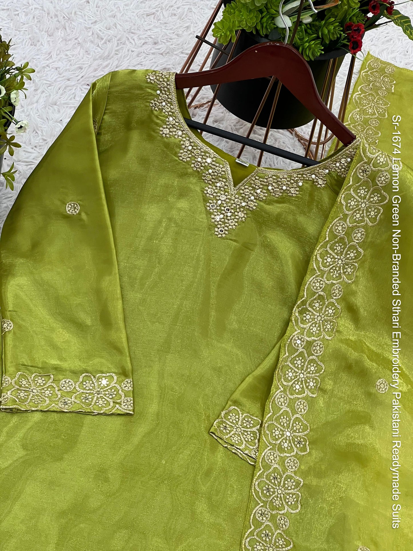 Sr-1674 Lemon Green Non-Branded Sthari Embroidery Pakistani Readymade Suits