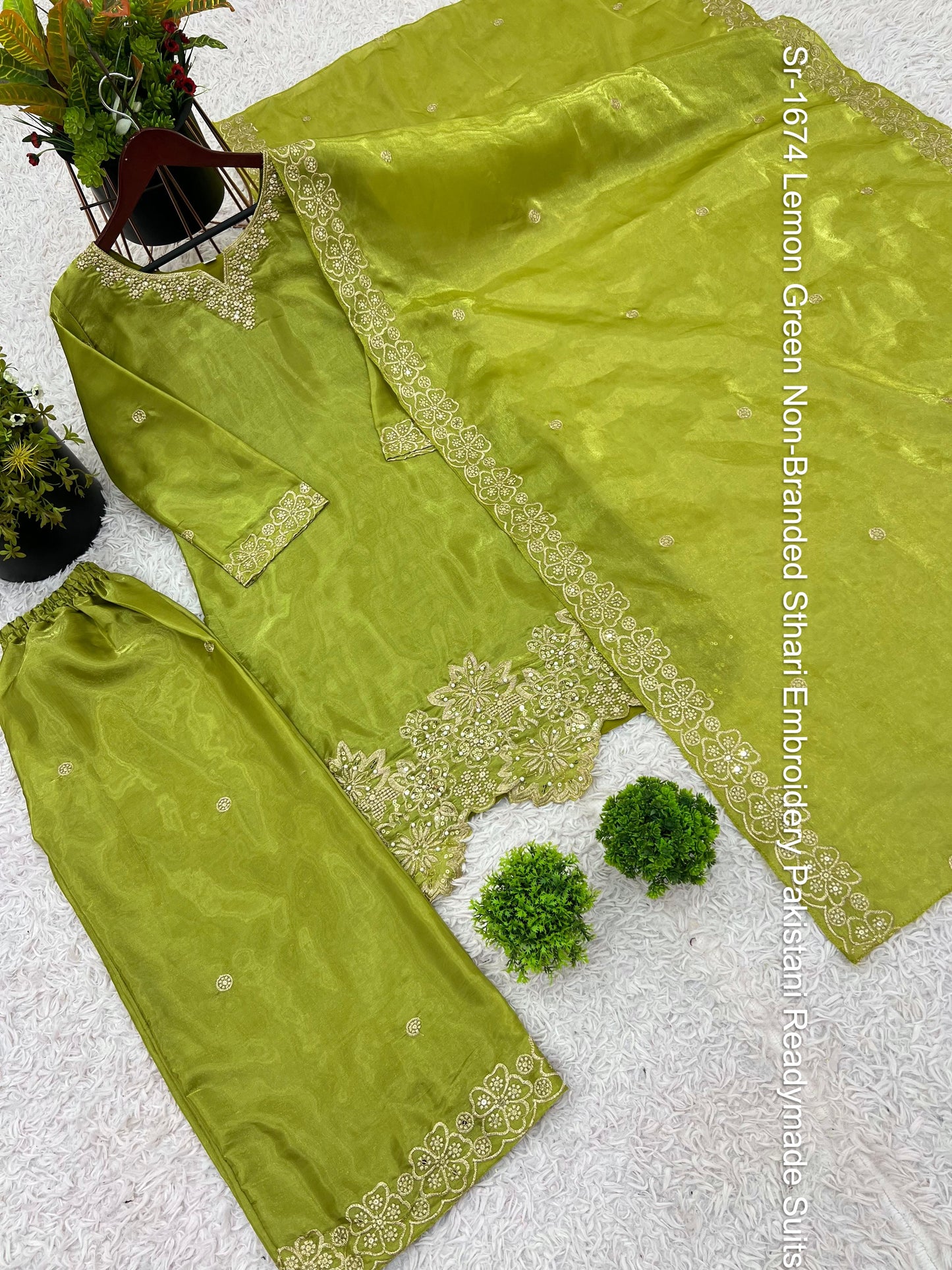 Sr-1674 Lemon Green Non-Branded Sthari Embroidery Pakistani Readymade Suits