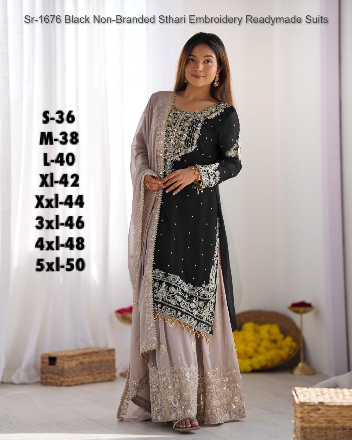 Sr-1676 Black Non-Branded Sthari Embroidery Readymade Suits