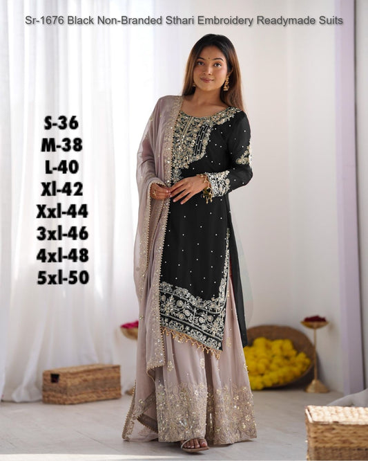 Sr-1676 Black Non-Branded Sthari Embroidery Readymade Suits