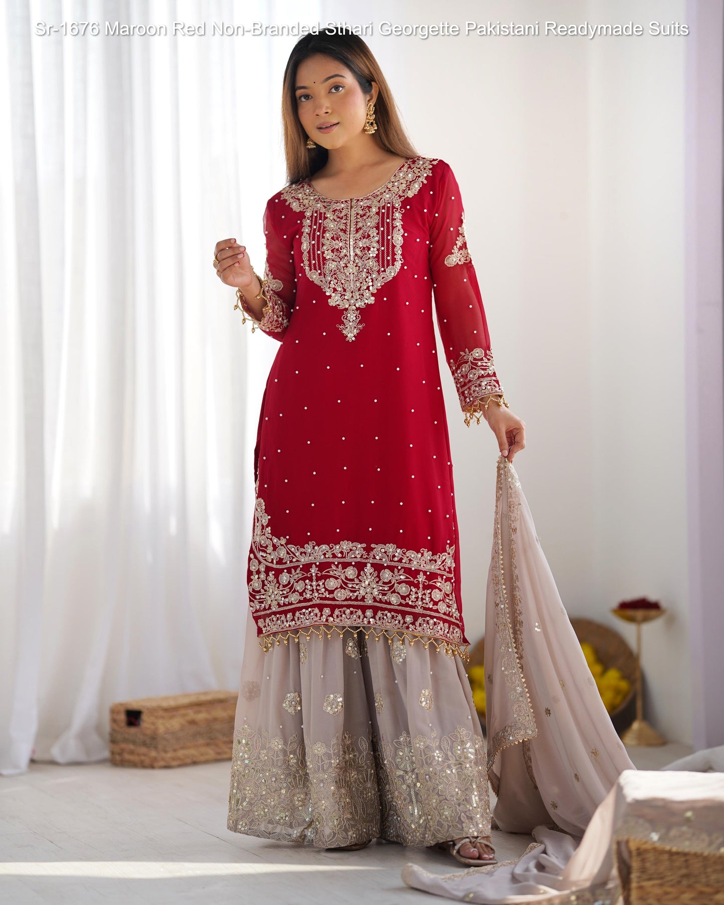 Sr-1676 Maroon Red Non-Branded Sthari Georgette Pakistani Readymade Suits