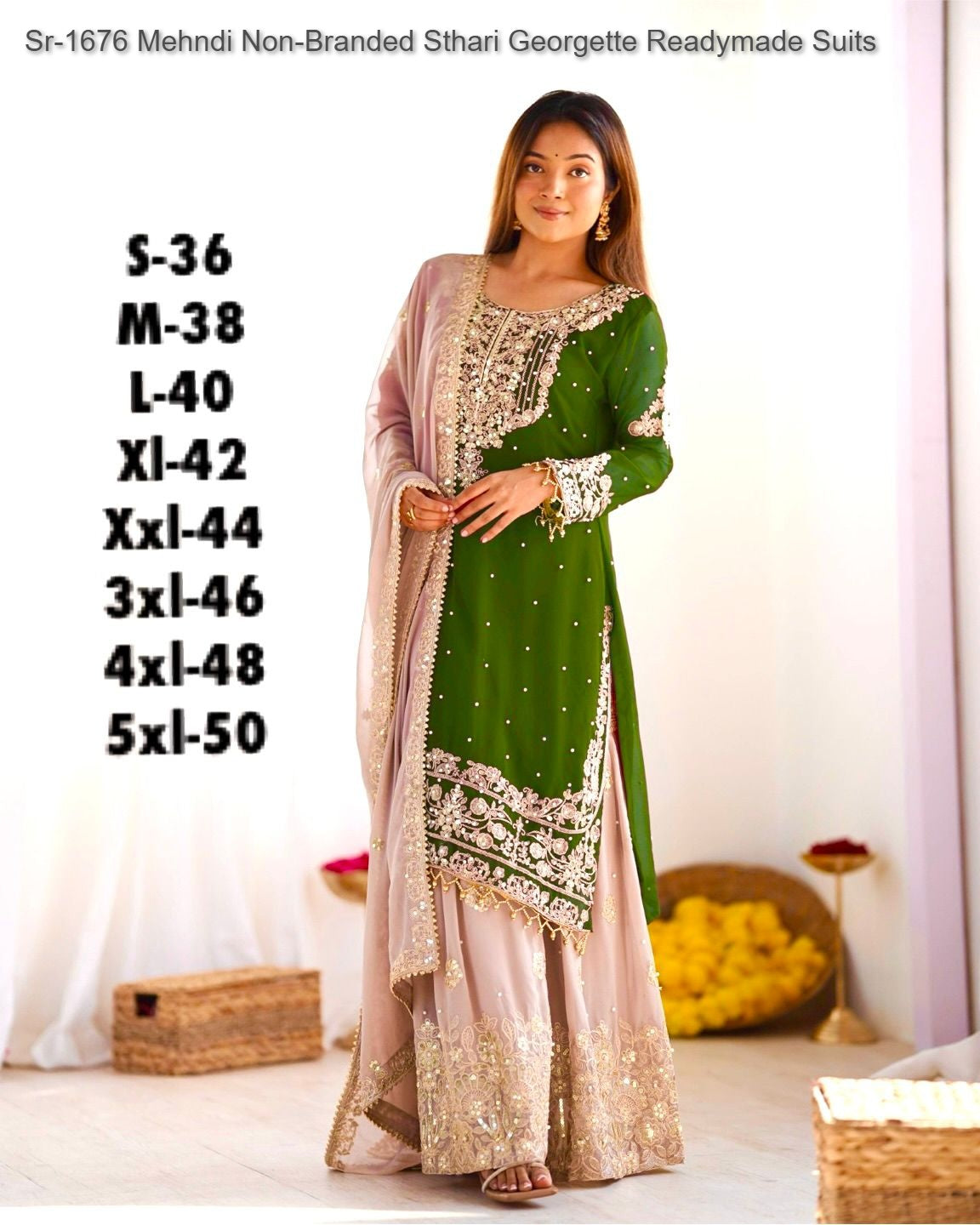 Sr-1676 Mehndi Non-Branded Sthari Georgette Readymade Suits