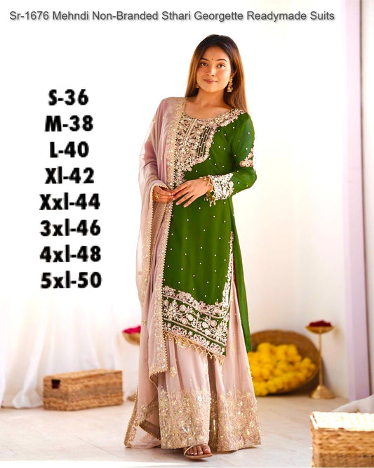 Sr-1676 Mehndi Non-Branded Sthari Georgette Readymade Suits