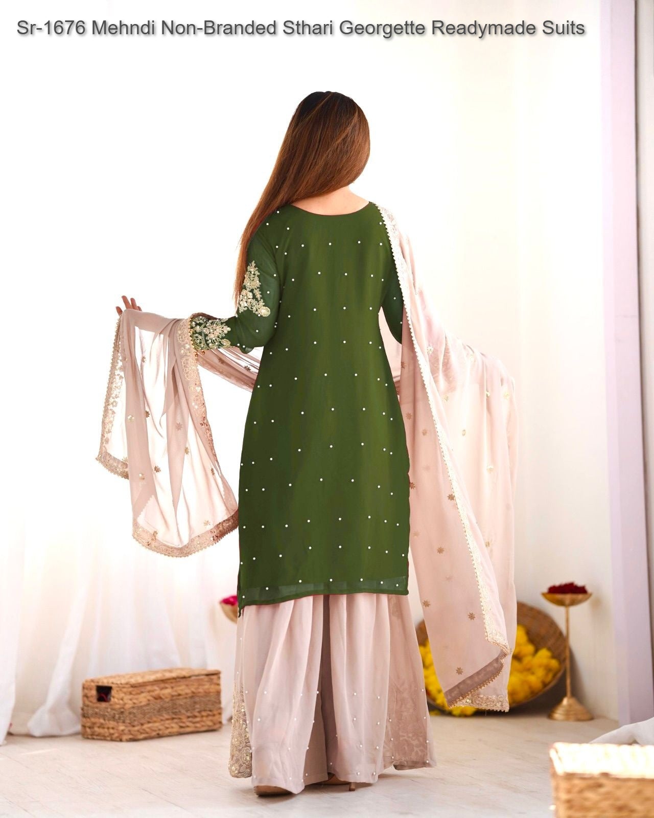 Sr-1676 Mehndi Non-Branded Sthari Georgette Readymade Suits