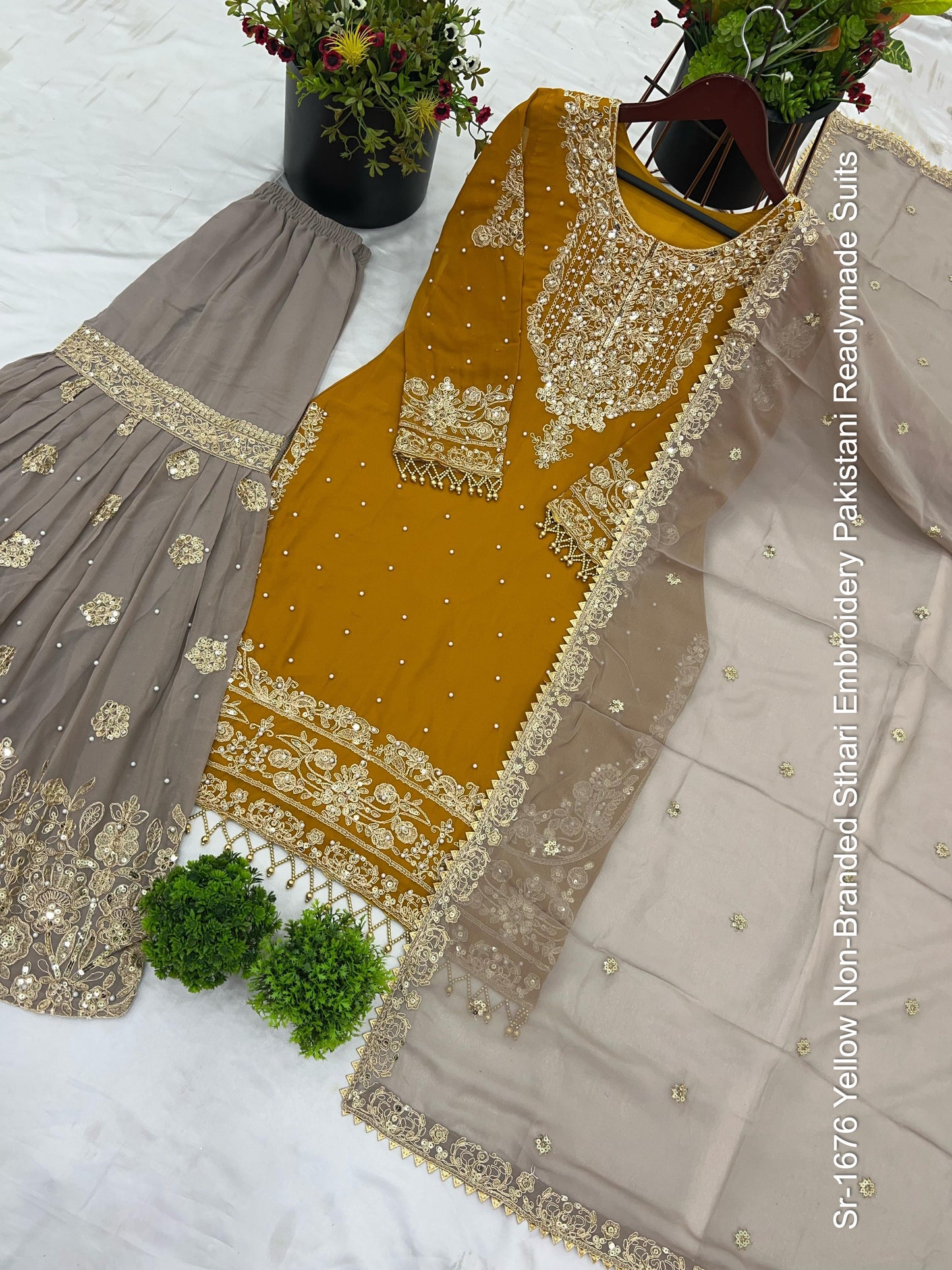 Sr-1676 Yellow Non-Branded Sthari Embroidery Pakistani Readymade Suits