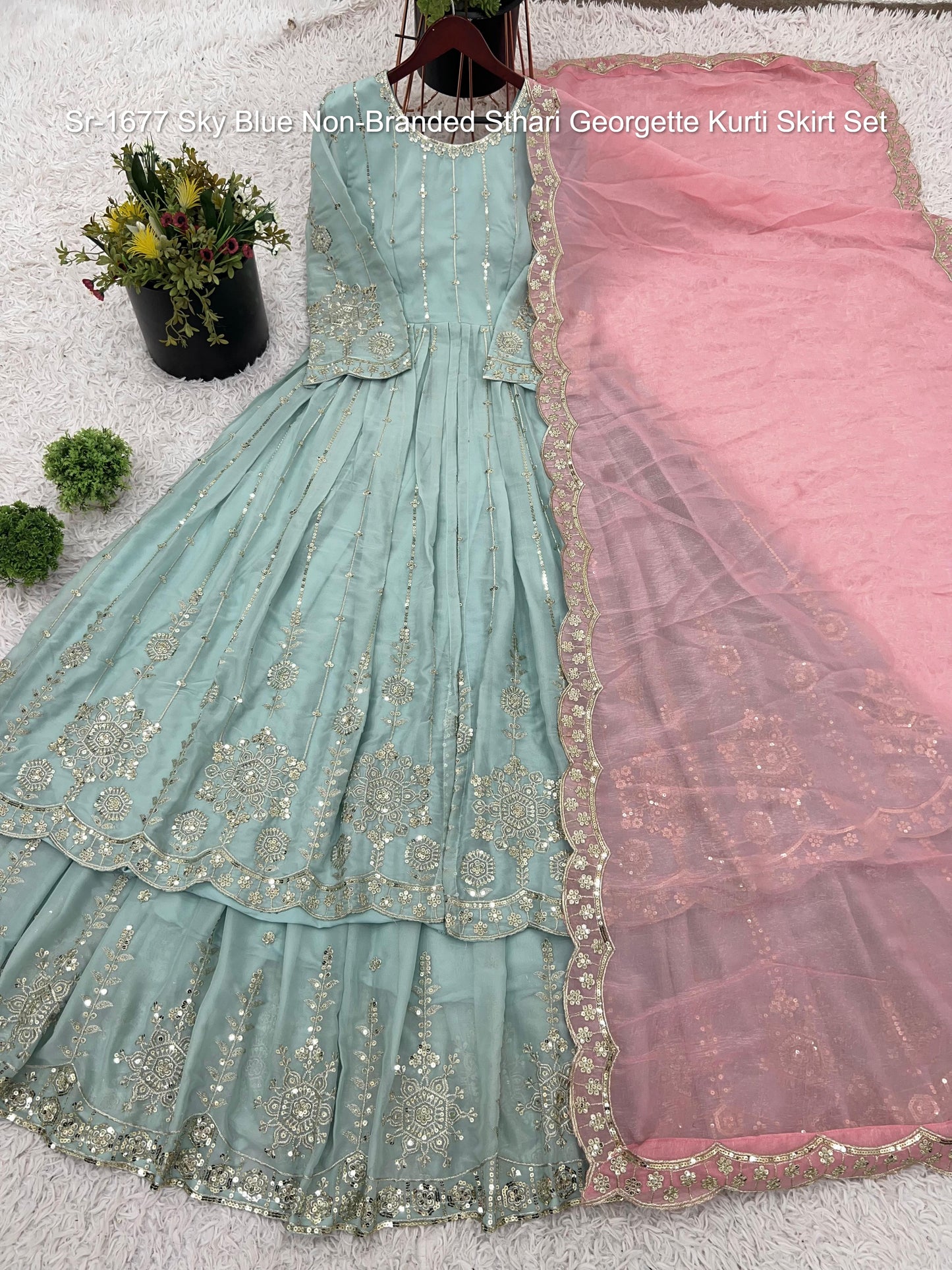 Sr-1677 Sky Blue Non-Branded Sthari Georgette Kurti Skirt Set
