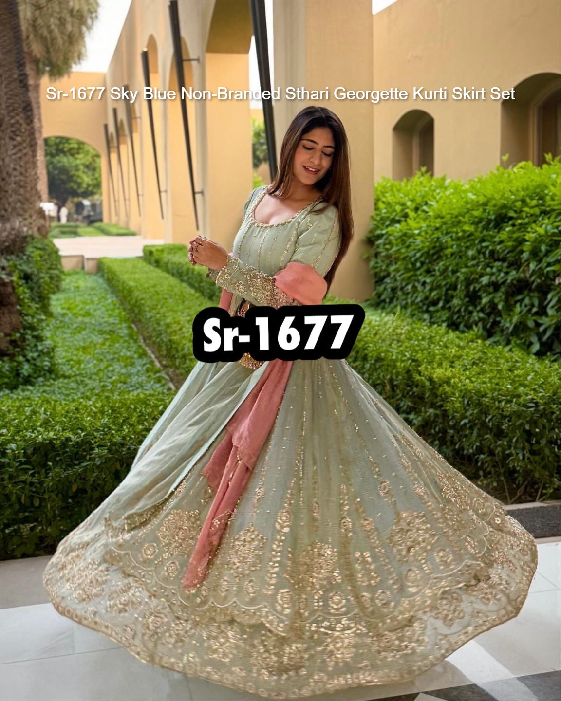 Sr-1677 Sky Blue Non-Branded Sthari Georgette Kurti Skirt Set