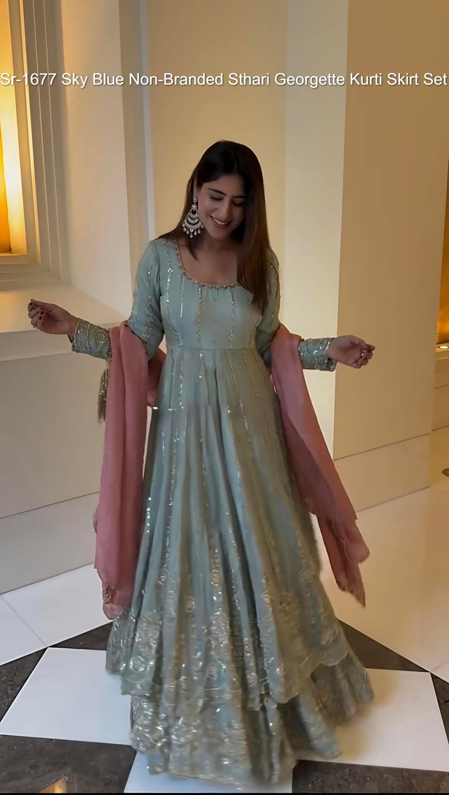Sr-1677 Sky Blue Non-Branded Sthari Georgette Kurti Skirt Set