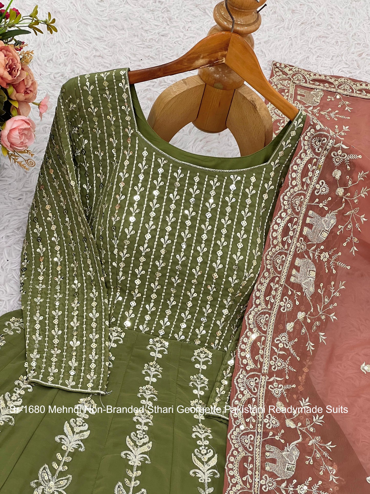 Sr-1680 Mehndi Non-Branded Sthari Georgette Pakistani Readymade Suits