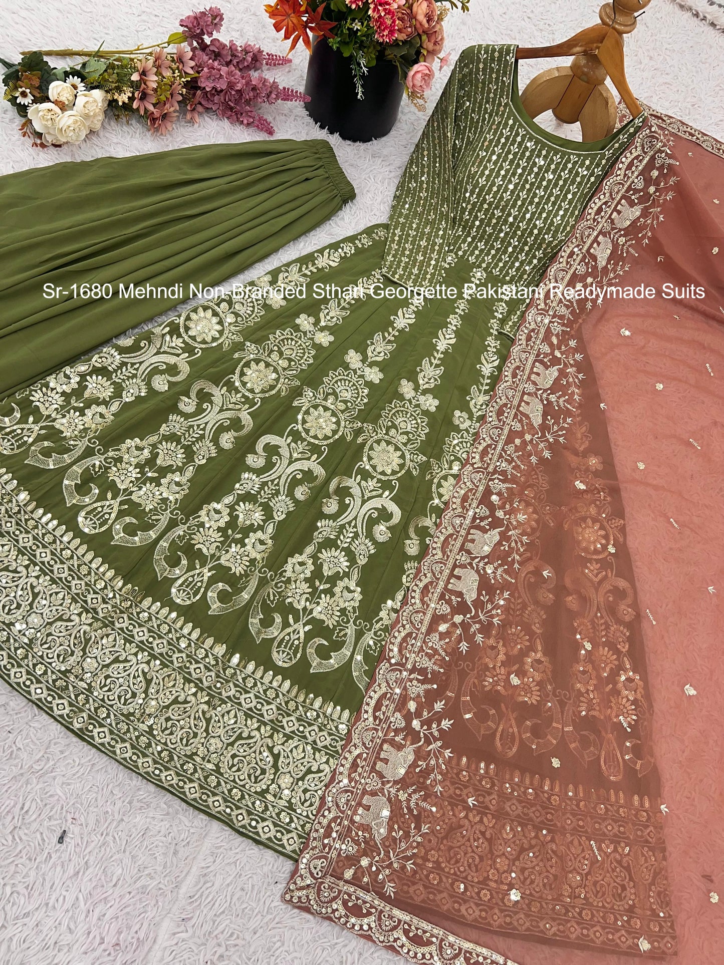 Sr-1680 Mehndi Non-Branded Sthari Georgette Pakistani Readymade Suits