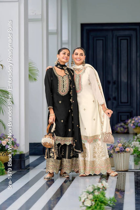 Sra-1679 Black White Non-Branded Sthari Embroidery Readymade Suits