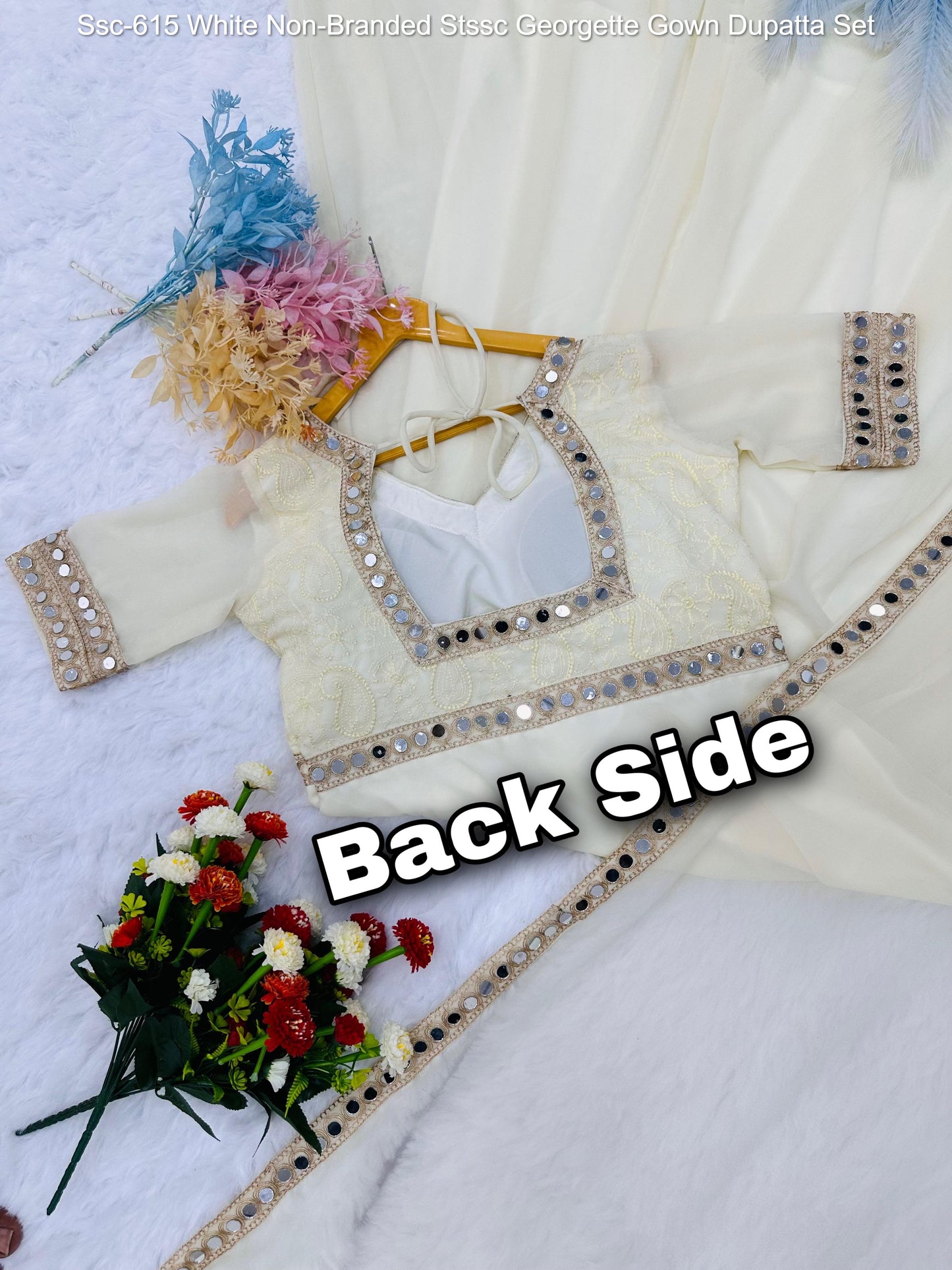 Ssc-615 White Non-Branded Stssc Georgette Gown Dupatta Set