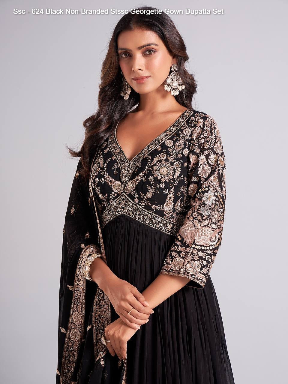 Ssc - 624 Black Non-Branded Stssc Georgette Gown Dupatta Set