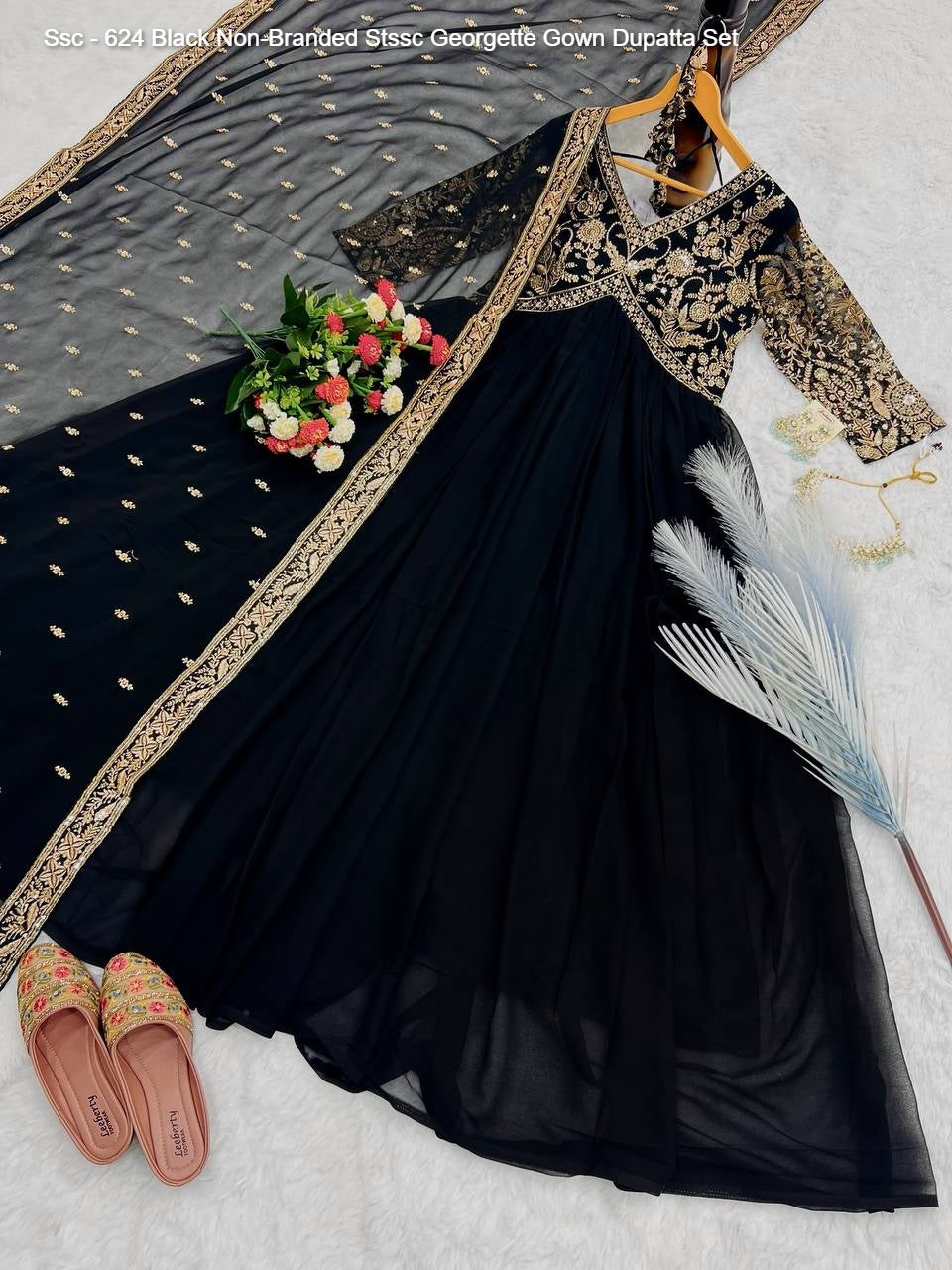 Ssc - 624 Black Non-Branded Stssc Georgette Gown Dupatta Set