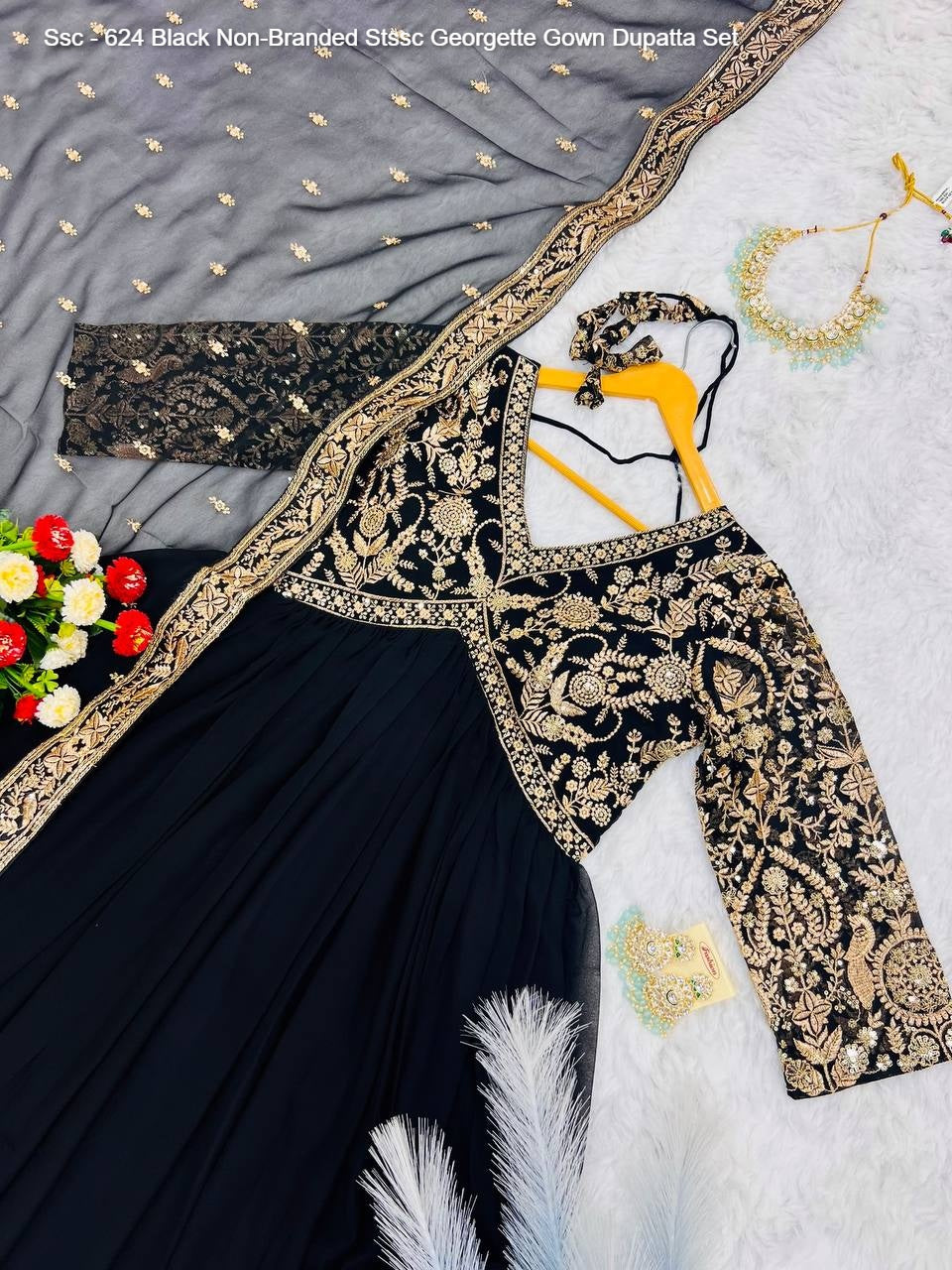 Ssc - 624 Black Non-Branded Stssc Georgette Gown Dupatta Set