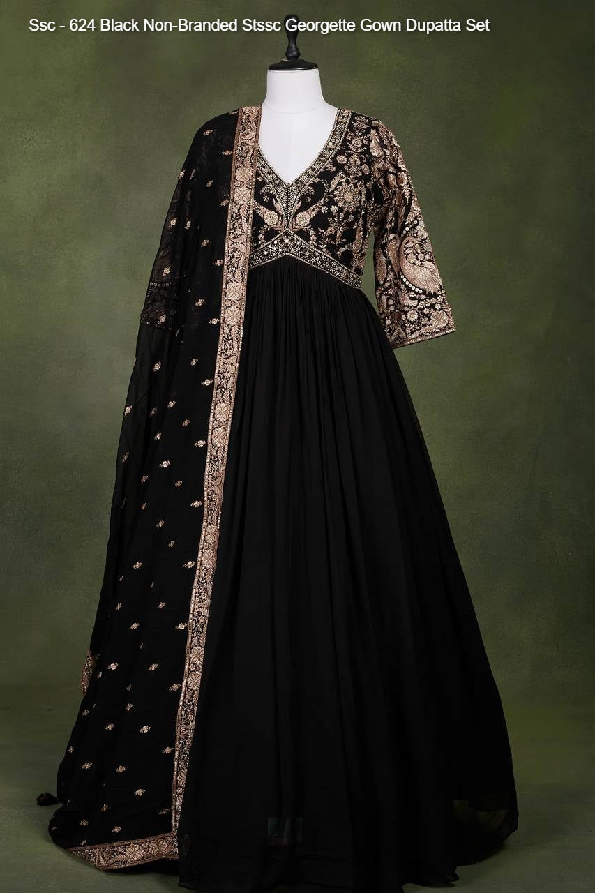 Ssc - 624 Black Non-Branded Stssc Georgette Gown Dupatta Set