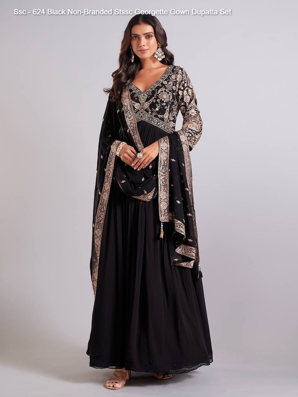 Ssc - 624 Black Non-Branded Stssc Georgette Gown Dupatta Set