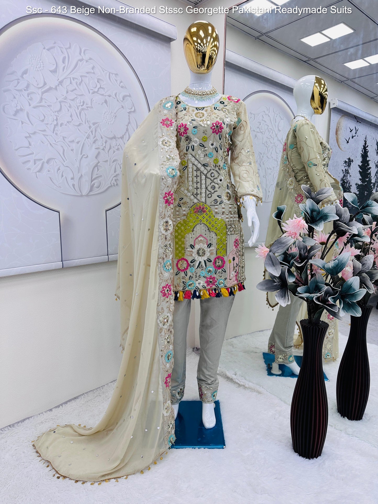 Ssc - 643 Beige Non-Branded Stssc Georgette Pakistani Readymade Suits