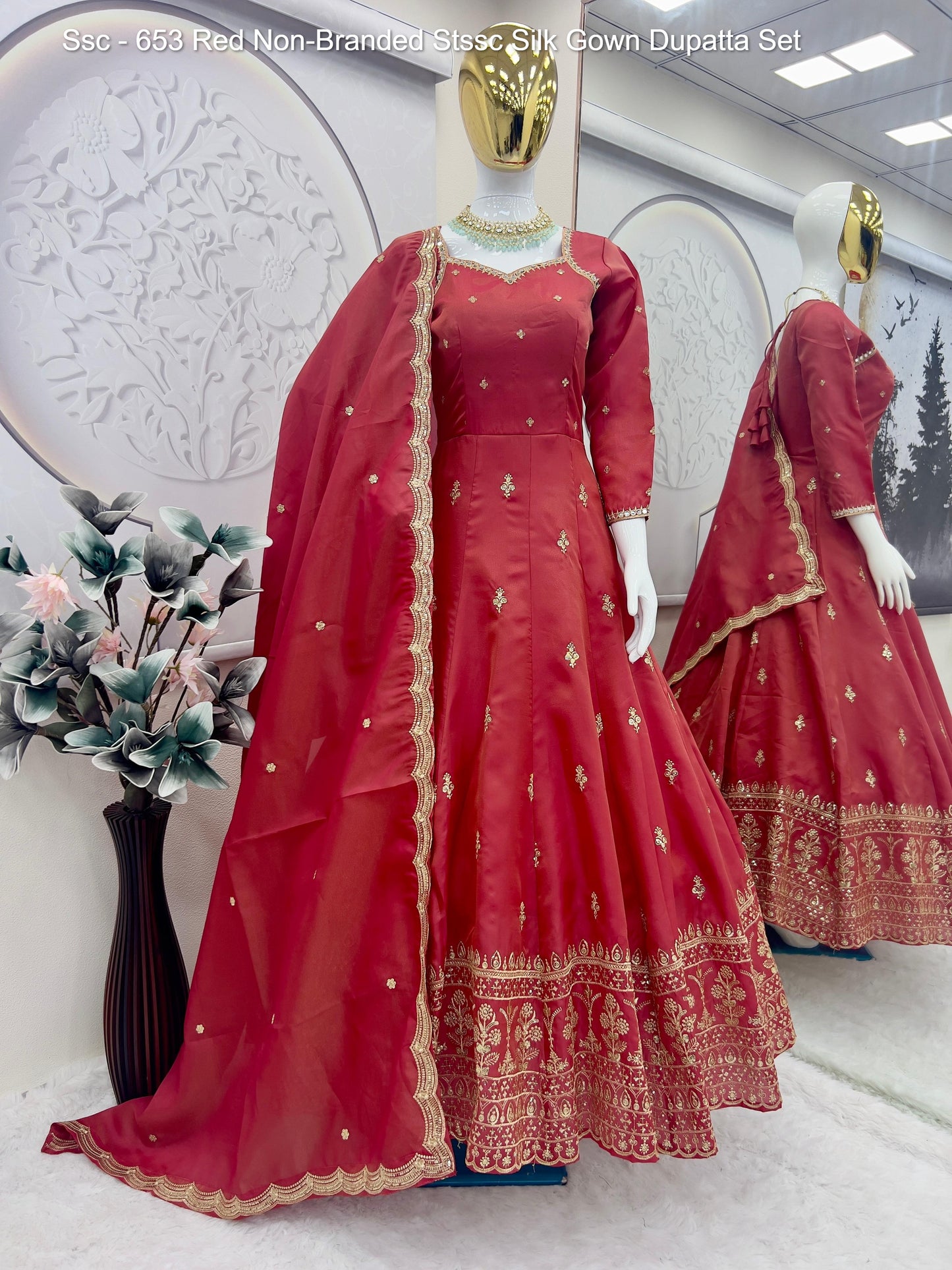 Ssc - 653 Red Non-Branded Stssc Silk Gown Dupatta Set