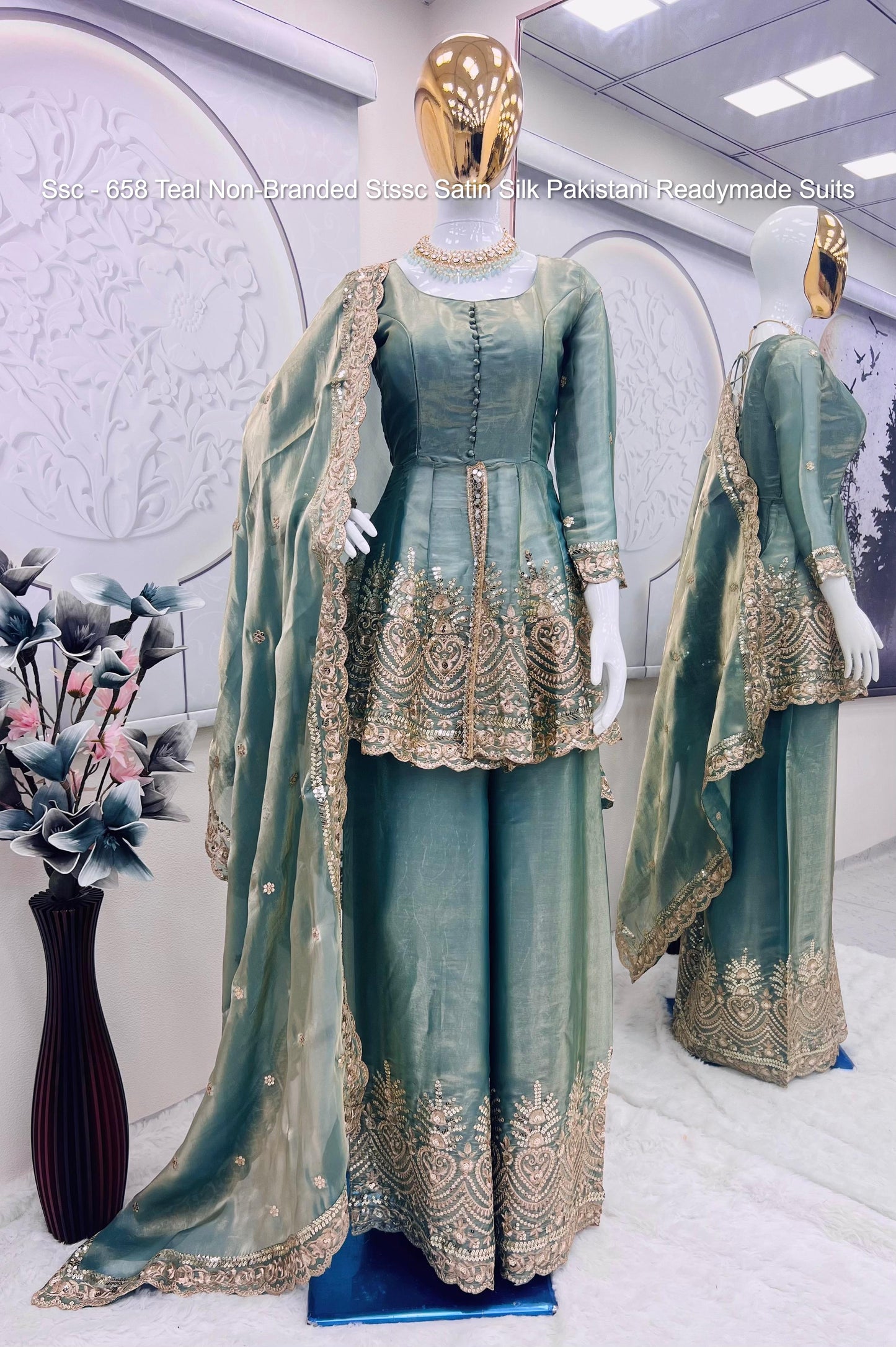Ssc - 658 Teal Non-Branded Stssc Satin Silk Pakistani Readymade Suits