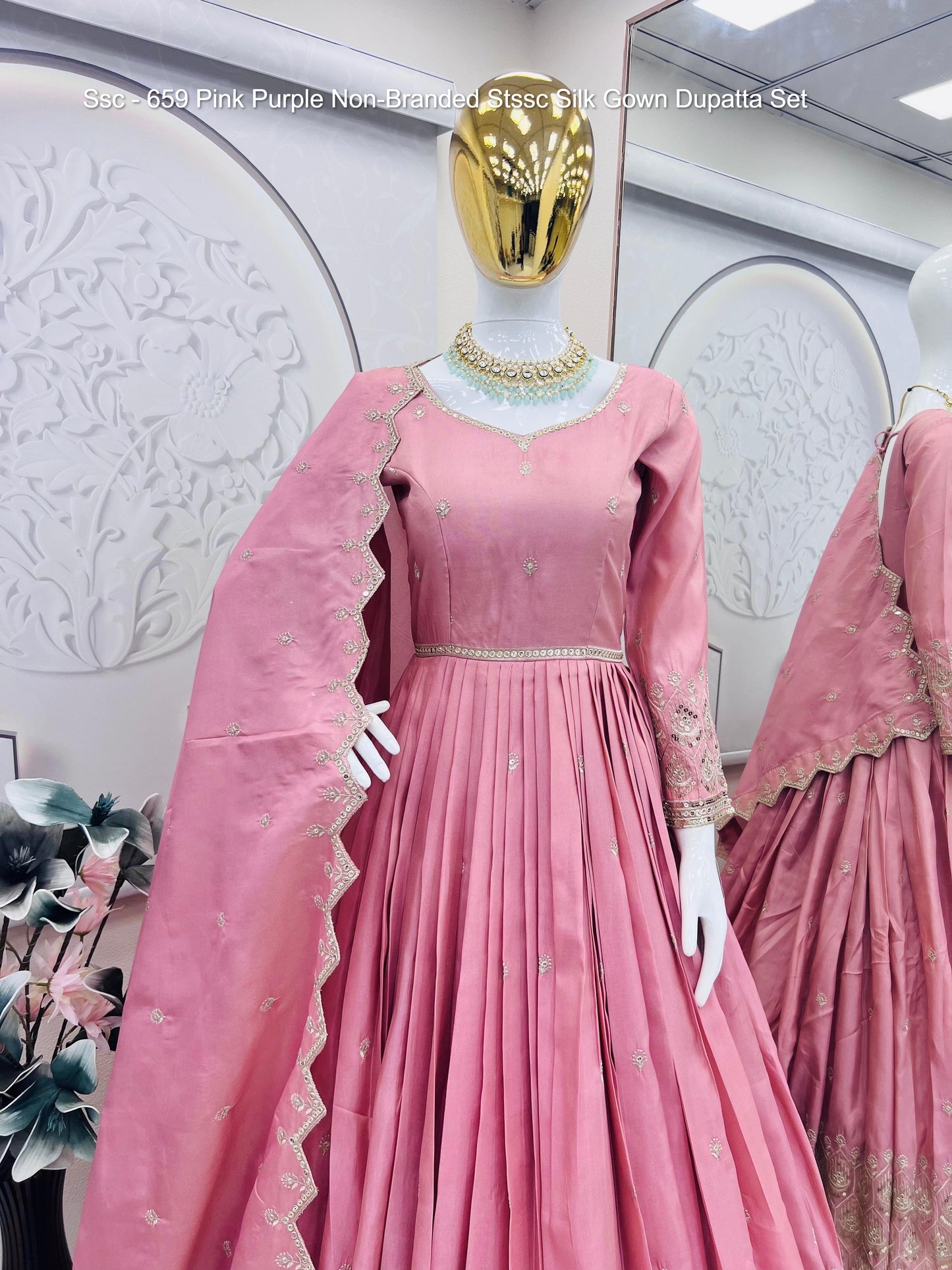 Ssc - 659 Pink Purple Non-Branded Stssc Silk Gown Dupatta Set