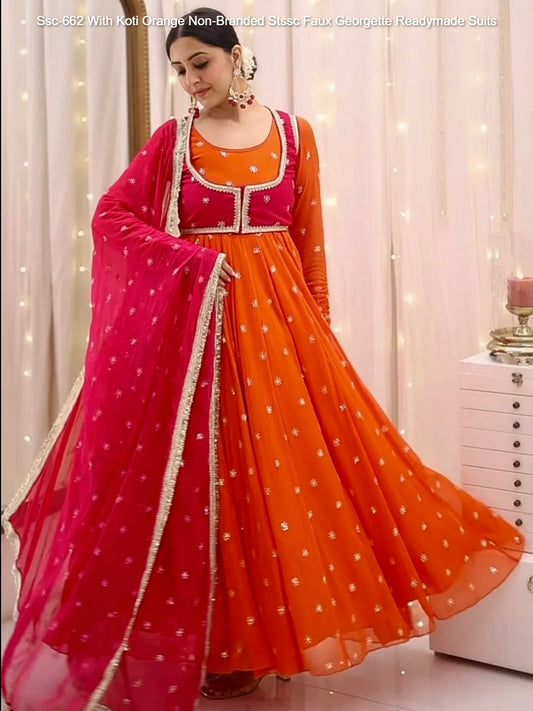 Ssc-662 With Koti Orange Non-Branded Stssc Faux Georgette Readymade Suits