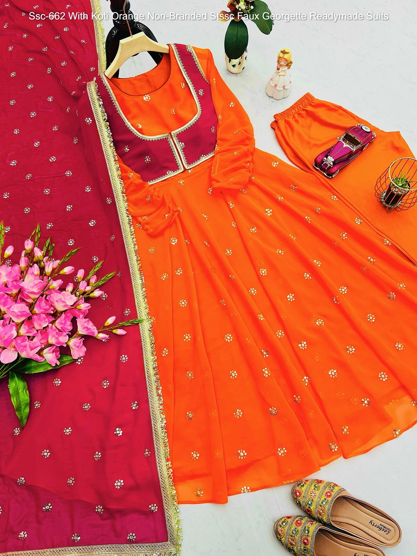 Ssc-662 With Koti Orange Non-Branded Stssc Faux Georgette Readymade Suits