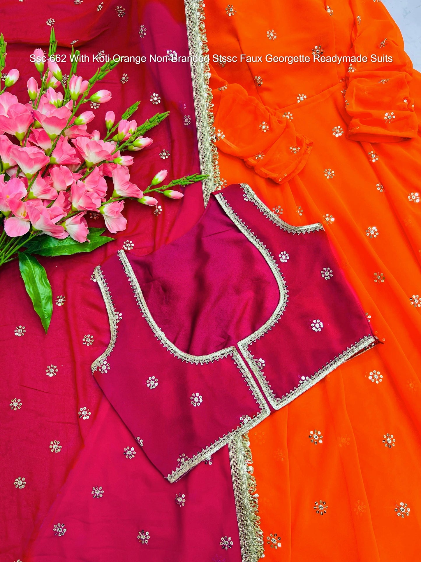 Ssc-662 With Koti Orange Non-Branded Stssc Faux Georgette Readymade Suits
