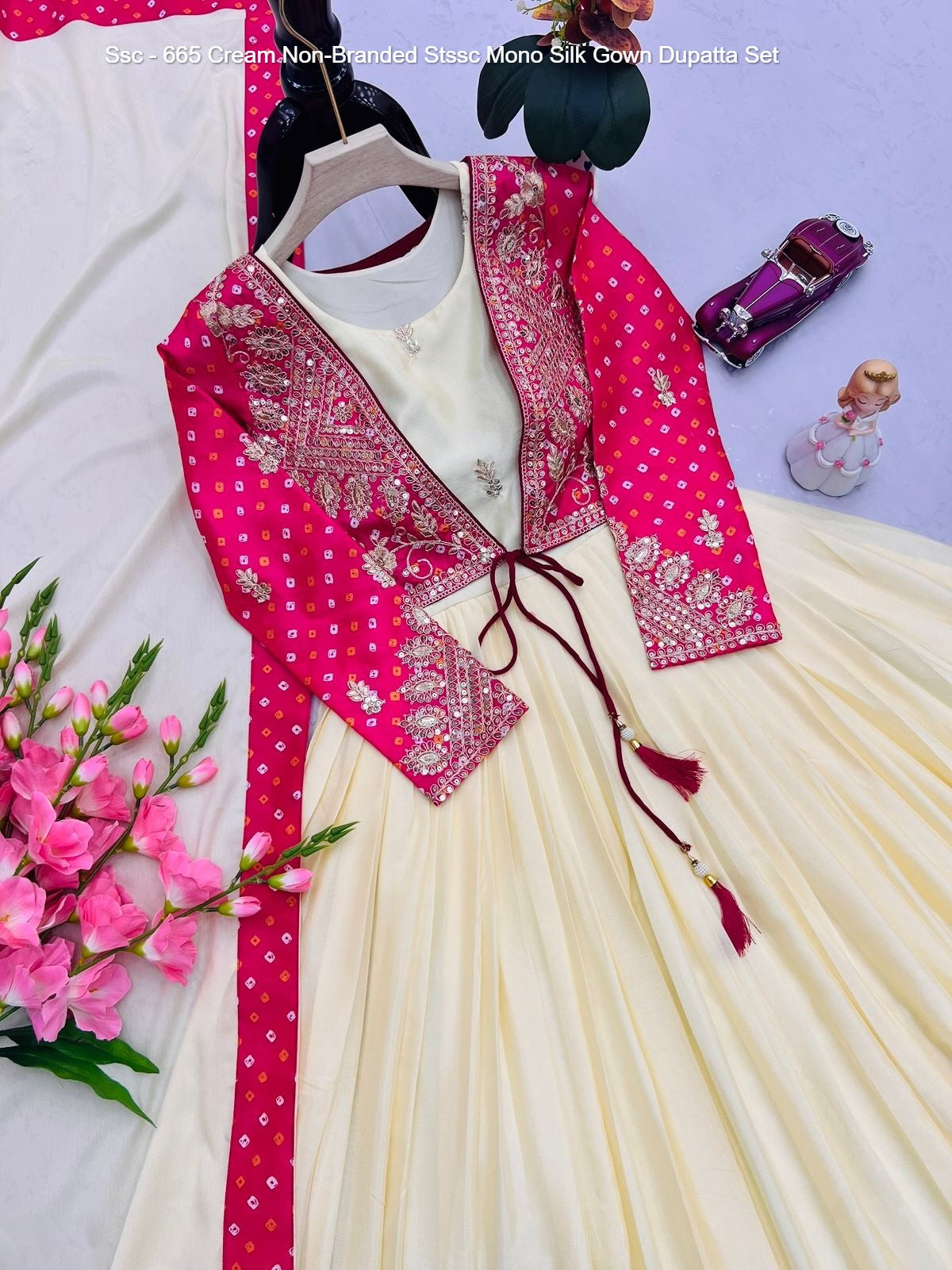 Ssc - 665 Cream Non-Branded Stssc Mono Silk Gown Dupatta Set