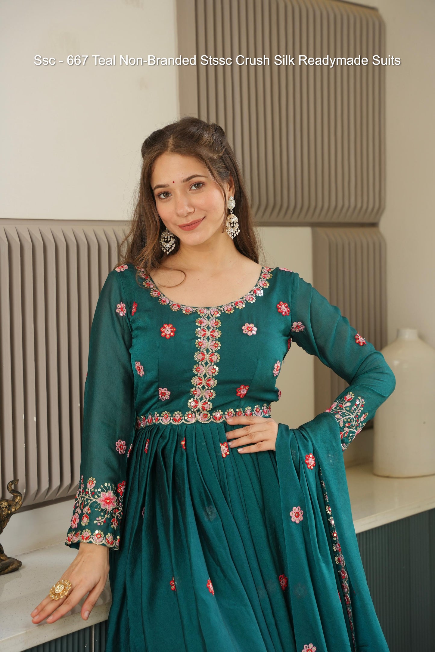Ssc - 667 Teal Non-Branded Stssc Crush Silk Readymade Suits