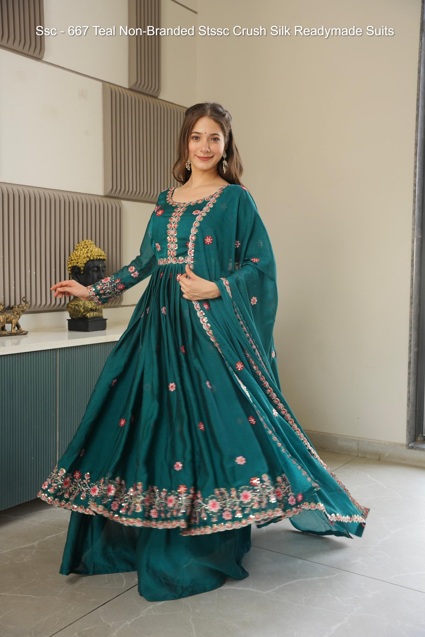 Ssc - 667 Teal Non-Branded Stssc Crush Silk Readymade Suits
