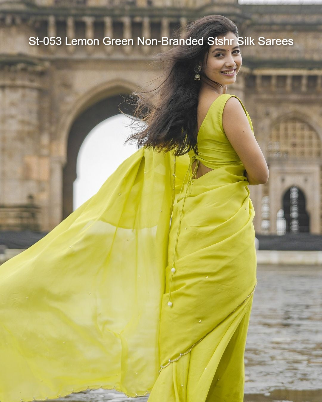 St-053 Lemon Green Non-Branded Stshr Silk Sarees