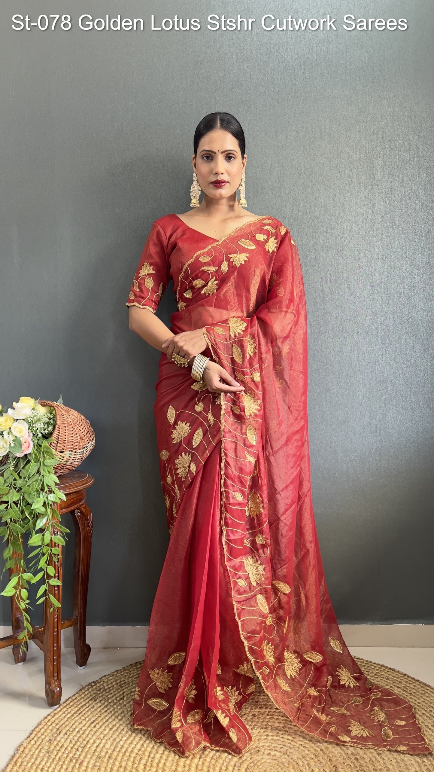 St-078 Golden Lotus Stshr Cutwork Sarees
