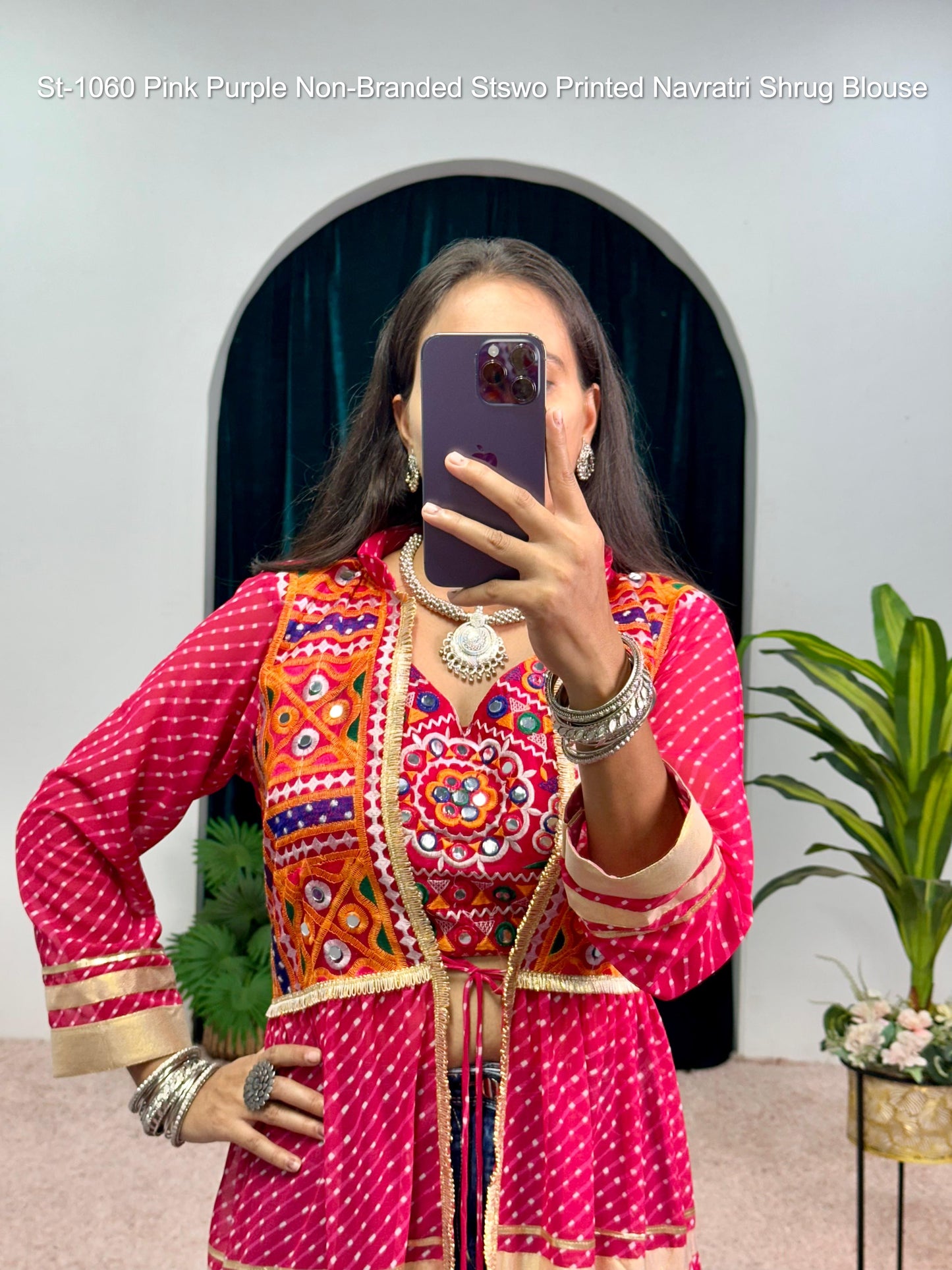 St-1060 Pink Purple Non-Branded Stswo Printed Navratri Shrug Blouse