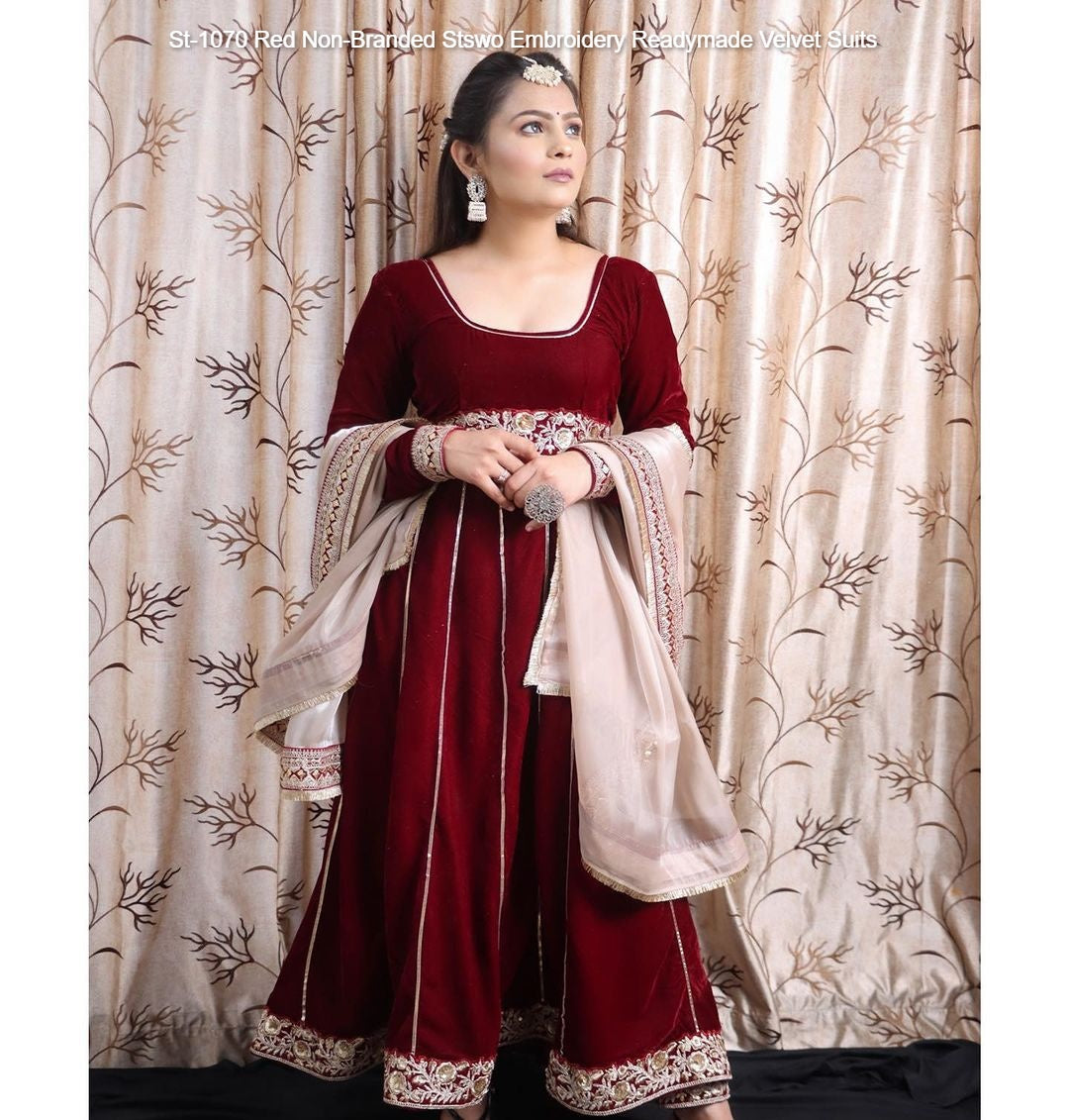 St-1070 Red Non-Branded Stswo Embroidery Readymade Velvet Suits
