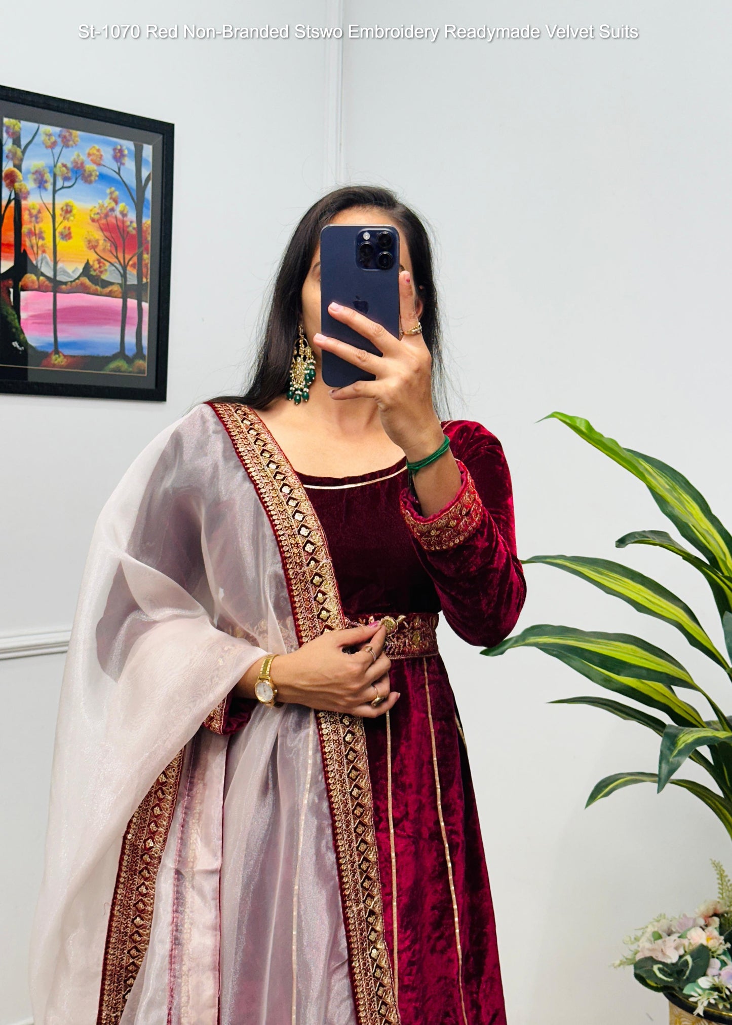 St-1070 Red Non-Branded Stswo Embroidery Readymade Velvet Suits
