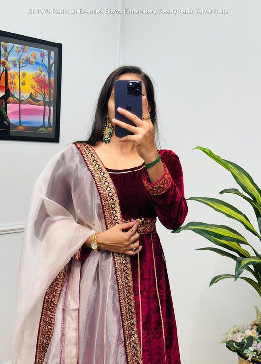 St-1070 Red Non-Branded Stswo Embroidery Readymade Velvet Suits