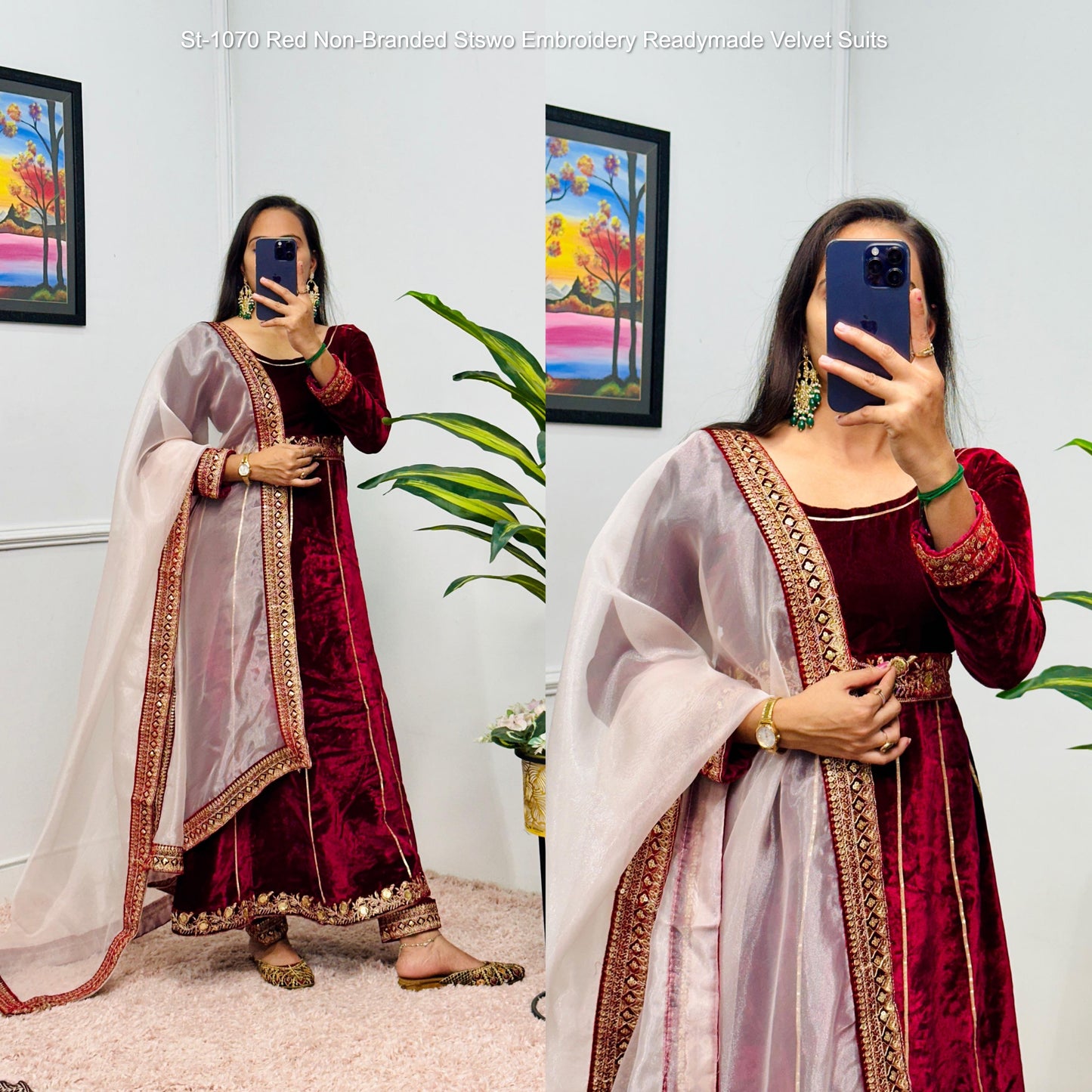 St-1070 Red Non-Branded Stswo Embroidery Readymade Velvet Suits
