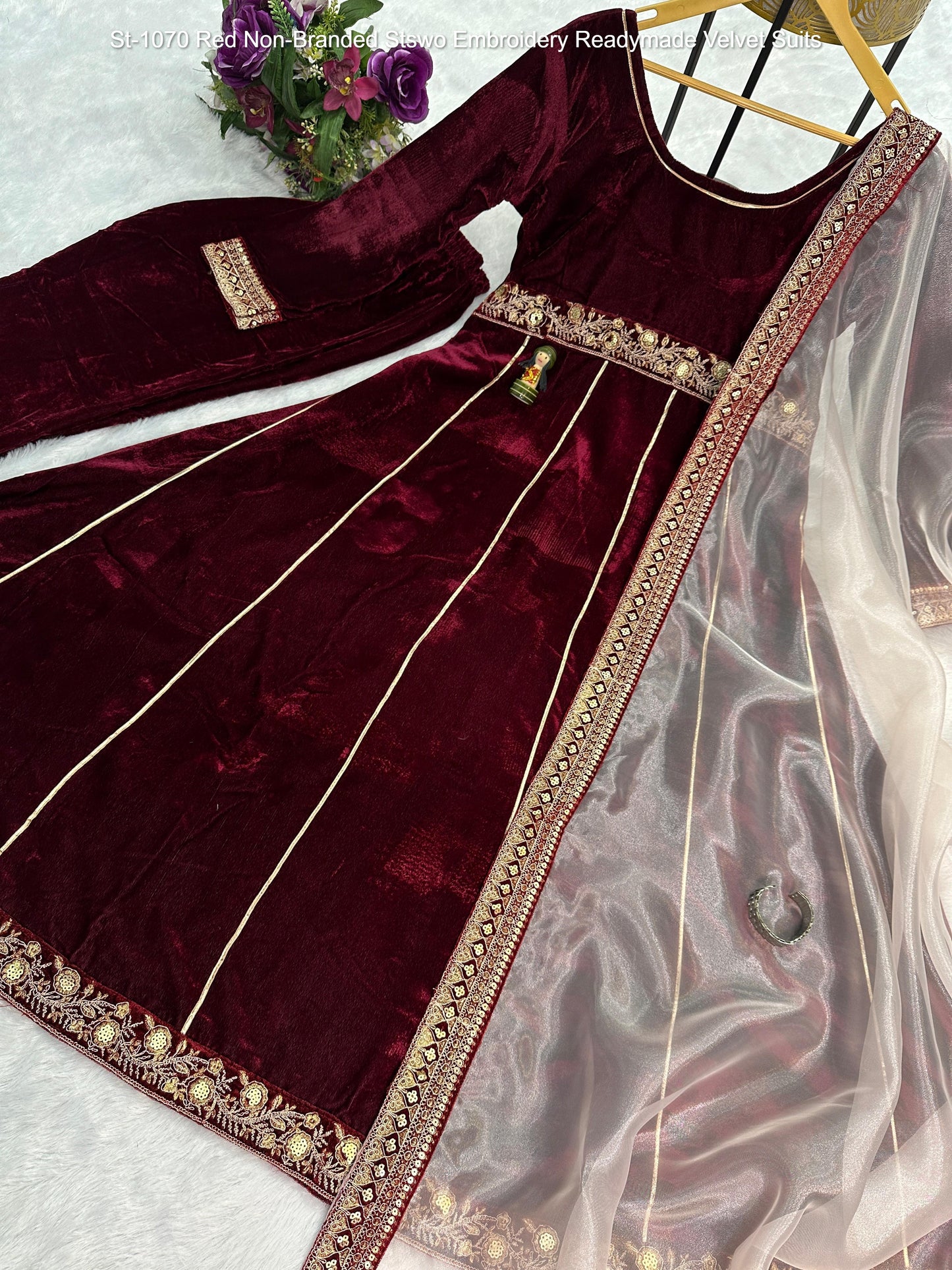 St-1070 Red Non-Branded Stswo Embroidery Readymade Velvet Suits