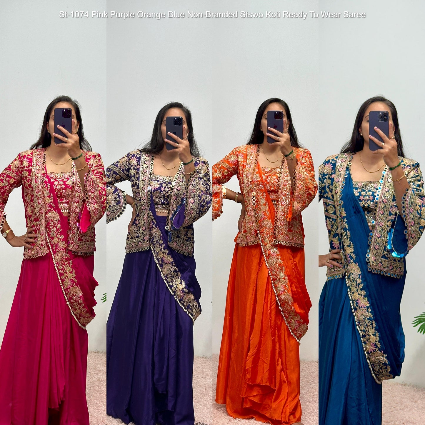 St-1074 Pink Purple Orange Blue Non-Branded Stswo Koti Ready To Wear Saree